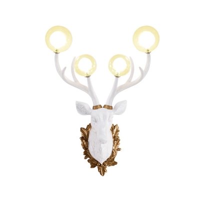 Clear Glass Globe Wall Lighting Ideas Rustic 4-Head Living Room Wall Light Sconce with White Resin Deer Head Backplate