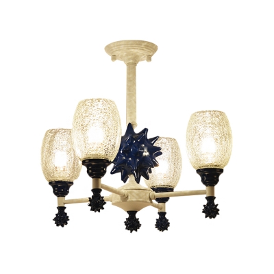 Conical Clear Crackle Glass Chandelier Nautical 4 Heads Dark Blue/Gold Drop Lamp with Resin Sea Urchin Design