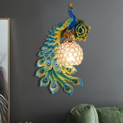 Country Peacock Wall Light Fixture 1-Bulb Resin Sphere Wall Mount Lighting in White/Yellow/Orange for Living Room, Left/Right