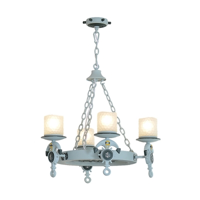 Creative 4 Heads Chandelier Light Black/Blue Cylinder Suspension Pendant with Frosted Dimpled Glass Shade
