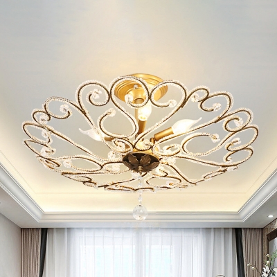 

Crystal Beaded Scroll Semi Flush Traditional 4 Heads Living Room Ceiling Flush Light in Gold, HL693369