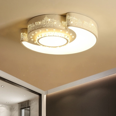 Crystal Sun and Moon Flush Mount Contemporary LED Ceiling Fixture in White with Castle Pattern