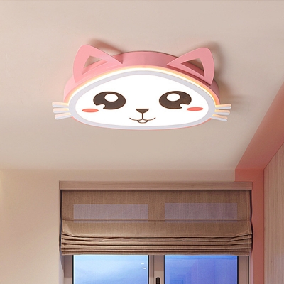 Cute Kitty Acrylic Flush Ceiling Light Cartoon Pink LED Flushmount Lighting in Warm/White Light