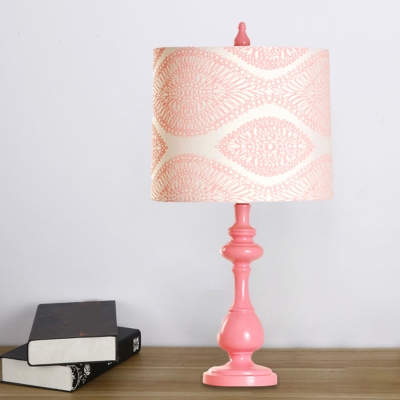 Cylinder Night Lighting Kids Fabric 1 Head Pink Finish Nightstand Light with Leaf Pattern