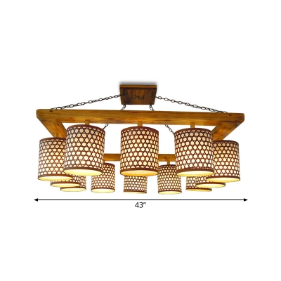 Cylinder Semi Flush Chandelier Classic Wood 12 Lights Beige Ceiling Mounted Fixture (The Customization will be 7-10 days)