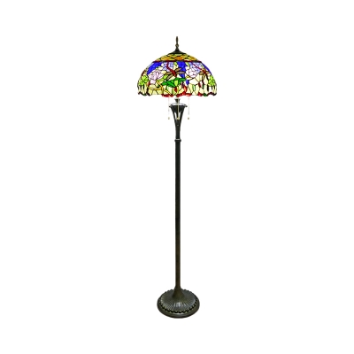 Domed Standing Floor Light Victorian Stained Glass 3 Heads Brass Flower and Dragonfly Patterned Floor Reading Lighting