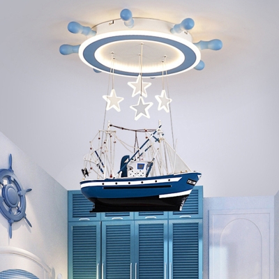 Draped Sailing Vessel Metal Flush Mount Kids Blue LED Ceiling Light Fixture with Glow Rudder Canopy