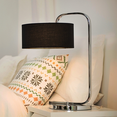 Fabric Drum Task Light Simple Style 1-Light Black/White Night Table Lamp with Round Metal Pedestal