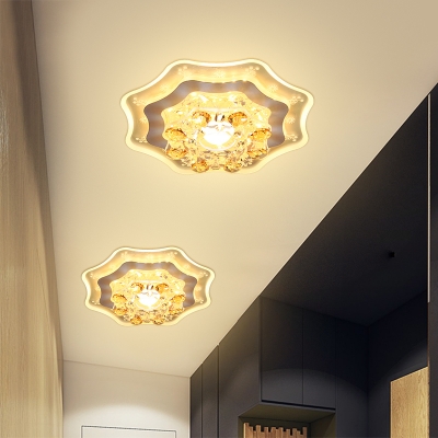 Faceted Crystal Flower Flush Light Fixture Modernist LED Chrome Close to Ceiling Lamp for Hallway