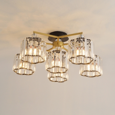 Flower Crystal Prisms Semi Flush Light Modern 4/6/7 Heads Gold Ceiling Mounted Fixture for Living Room