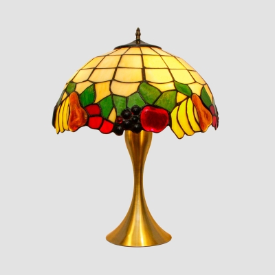 Fruit Patterned Stained Glass Night Lamp Tiffany 1 Light Brass Pull Chain Nightstand Light with Lattice Dome Shade