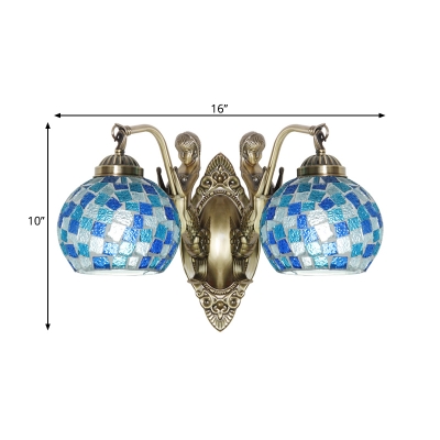 Globe Wall Lighting Fixture 1/2 Bulbs Blue Stained Glass Mediterranean Wall Light Sconce with Mermaid Arm