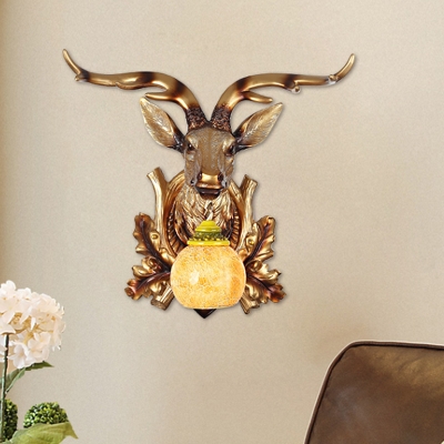 Gold 1-Head Wall Light Fixture Countryside Resin Dear Head Orb Wall Sconce for Living Room