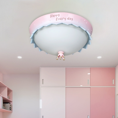 Inverted Crown Dome Shaped Flush Mount Kids Opal Glass Girl's Bedroom LED Ceiling Lighting in Pink