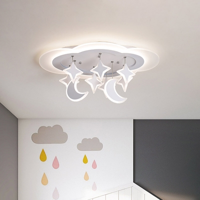 Kids Cloud Acrylic Ceiling Flush LED Flush Mount Light Fixture in White with Moon-Star Drapes, Warm/White Light