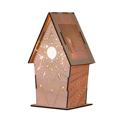 Kids USB LED Night Light Brown Sculpted Flower/Star/Loving Heart Patterned Cabin Table Lamp with Wood Lamp Shade