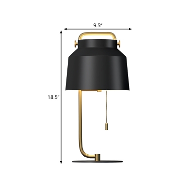 Metallic Drum Nightstand Light Minimalism 1-Head Black Finish Desk Lamp with Pull Chain