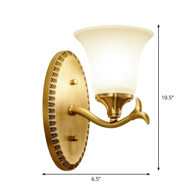 Milky Glass Flared Wall Mounted Lamp Rural 1/2 Lights Living Room Wall Light Fixture in Brass