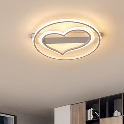 Nordic Loving Heart Ceiling Lamp Acrylic LED Bedroom Flush Mount Light Fixture in White/Coffee with Circle, Warm/White Light