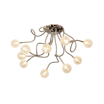 Orb Living Room Semi Flush Clear Glass 10-Head Modernism Ceiling Fixture with Aluminum Wire Design in Chrome