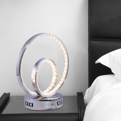 Simple Circle Table Lighting Faceted Crystal LED Bedroom Nightstand Lamp in Chrome
