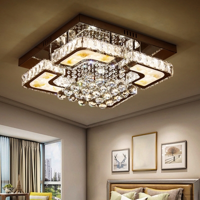 Simple LED Ceiling Lamp Chrome Flush Mount Lighting with Beveled Crystal Shade for Living Room