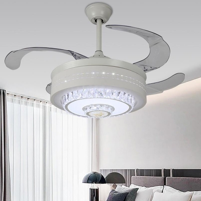 Simplicity Circle Fan Lamp Crystal Block 4 Blades LED Bedroom Semi Flush in White, 19