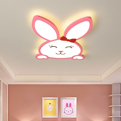 Smiling Rabbit Iron Surface Ceiling Lamp Cartoon Pink LED Flush Mount Recessed Lighting for Baby Room