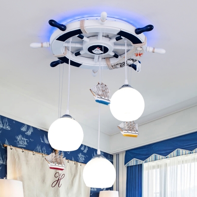 Sphere Multi Pendant Light Cartoon Opal Glass 3 Bulbs White/Blue/Ocean Blue Suspension Lamp with Hanging Ship Deco