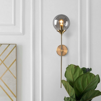 Sphere Smoke Grey/Amber Glass Wall Lamp Modernism 1 Bulb Gold Wall Mounted Light with Long Vertical Arm