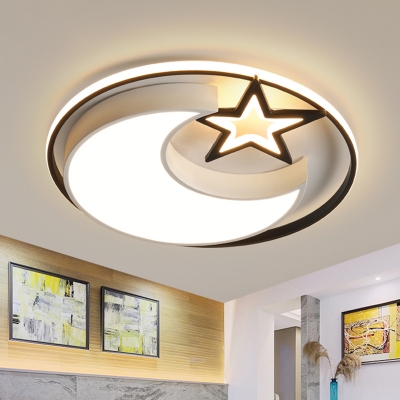 Star and Moon Ceiling Fixture Contemporary Acrylic LED Bedroom Flush Light in Black