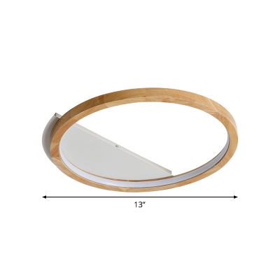 Wooden Halo Ring LED Ceiling Light Fixture Minimalistic Beige Flush Mount, 13