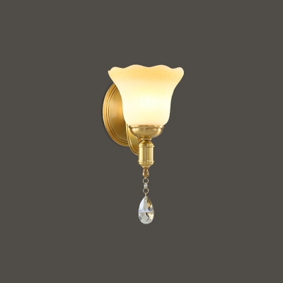 1/2-Light Living Room Wall Light Modern Gold Crystal Wall Sconce with Floral Frosted Glass Shade