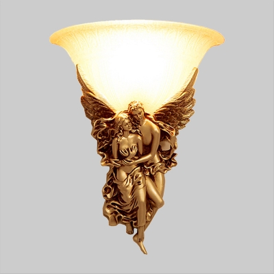 1-Head Wall Mounted Lamp Countryside Bell White Glass Wall Lighting with Angel Decor in Gold