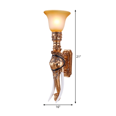 1-Light Wall Mounted Lamp Countryside Bell Frosted Glass Wall Sconce Lighting with Elephant Decor in Gold