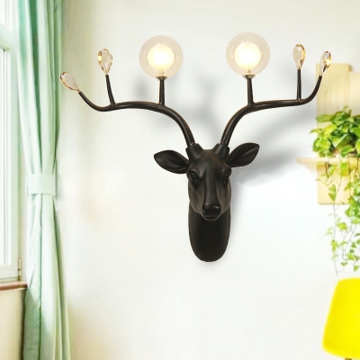 2 Bulbs Wall Lighting Traditional Living Room Resin Deer Head Wall Lamp with Clear Glass Shade in Black/White
