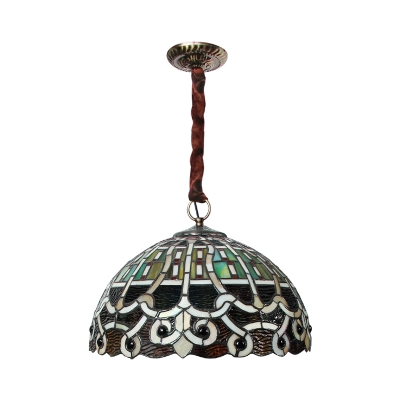 3 Heads Chandelier Lamp Baroque Style Domed Stained Glass Pendant Light Fixture with Scrolled Pattern