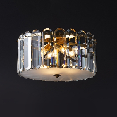 4 Lights Corridor Flush Light Fixture Modern Brass Ceiling Flush with Drum Clear Crystal Shade
