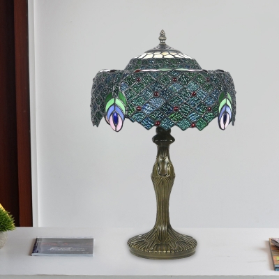 Baroque Drum Nightstand Light 1-Light Blue Stained Glass Peacock Tail Patterned Table Lamp