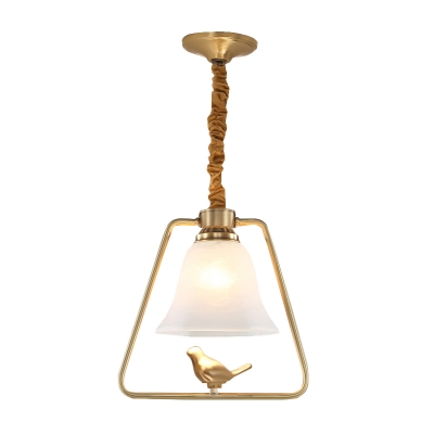 Bell Frosted Glass Hanging Pendant Classic 1 Light Dining Room Pendulum Light with Gold Trapezoid Frame