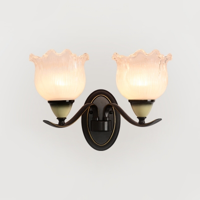 Black Flower Wall Lighting Classic Style Frosted Ribbed Glass 1/2 Bulbs Living Room Wall Sconce