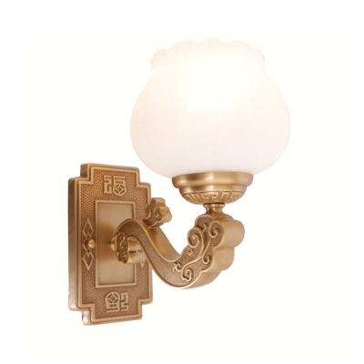 Brass 1 Light Wall Sconce Light Rustic Opal Glass Flower Wall Mounted Lighting with Curved Arm