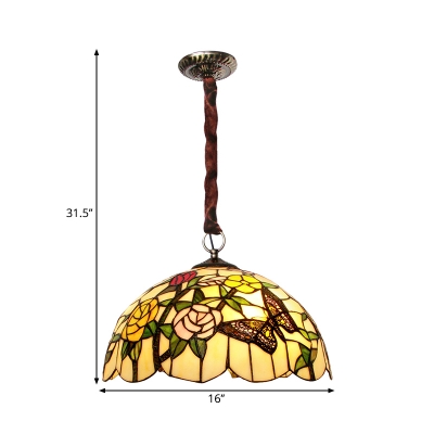 Brass 3 Heads Pendant Lamp Baroque Stained Glass Scalloped Chandelier Light Fixture with Flower and Butterfly Pattern