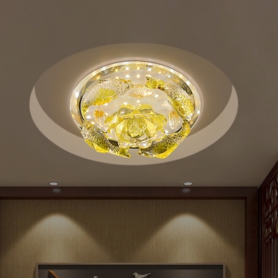 Carp and Lotus Flush Lamp Fixture Modernism Yellow Crystal LED Corridor Ceiling Flush Mount in Warm/White Light