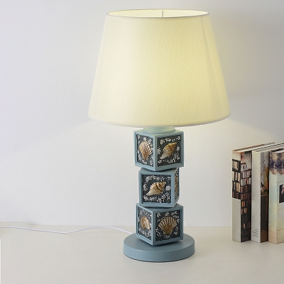 Cartoon Barrel Nightstand Lighting Fabric 1 Light Bedroom Desk Lamp with Stacked Cubic Base in Light/Sky Blue