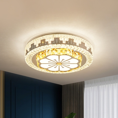 Chrome Drum Flush Mount Light Fixture Minimalist Beveled Crystal LED Ceiling Mounted Lamp for Bedroom