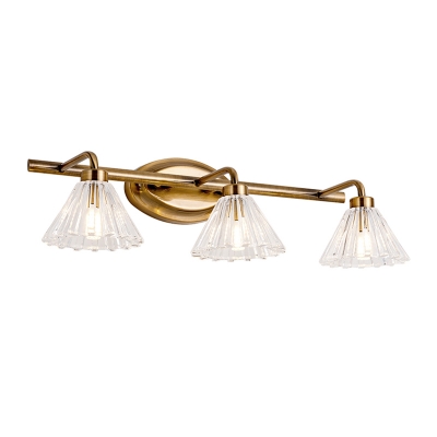 Cone Rest Room Vanity Lamp Fixture Clear Crystal 3 Lights Modernist Wall Mount Lighting in Brass