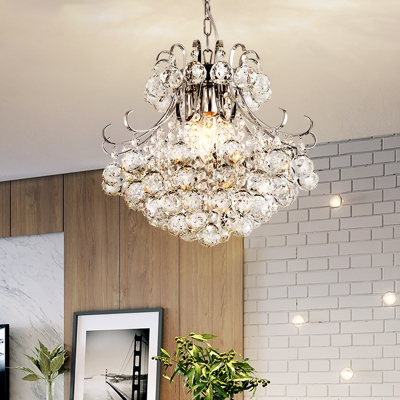 Conic Crystal Ball Suspension Lamp Simple 3 Lights Chrome Ceiling Chandelier with Curvy Arm