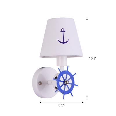 Conical Wall Lighting Ideas Minimalist Fabric 1-Head Kids Room Wall Mount Light with Rudder Deco in Blue