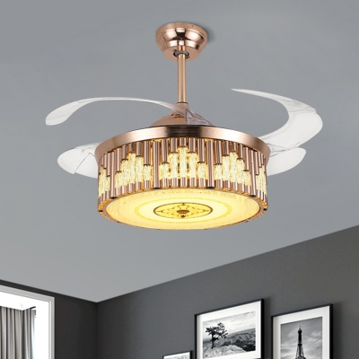 Crystal Round Semi Flush Light Contemporary LED Gold Flush Ceiling Fan with 4 Blades, 19